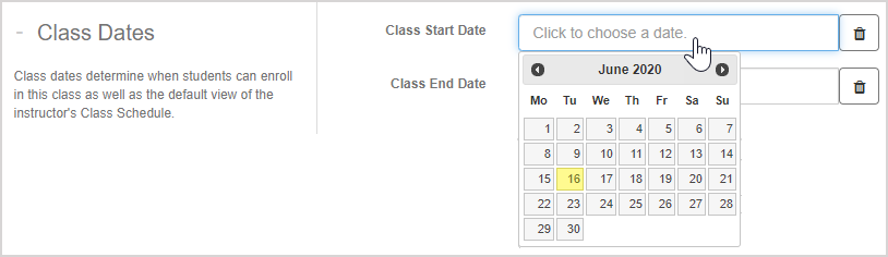 Cursor clicked on the Class Start Date field in the Class Dates section. A date is highlighted in the Calendar drop down.